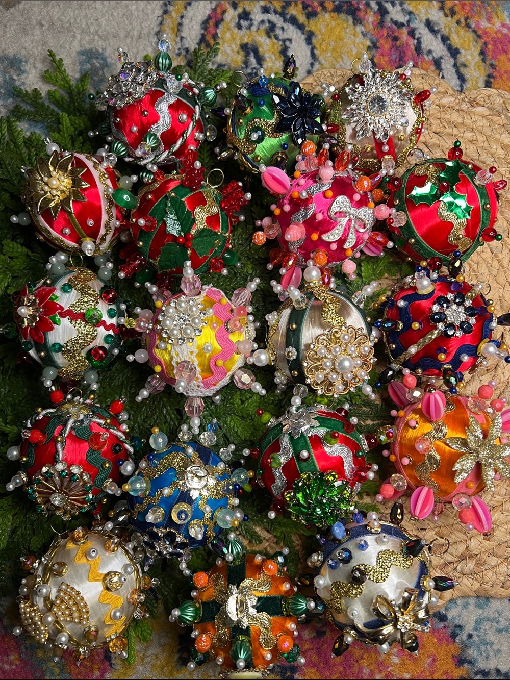 Lot of 18 Beaded Sequins Push Pin Satin Thread Ball Christmas Ornaments Vintage